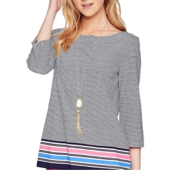 Lilly Pulitzer Waverly Bayside Stripe Engineered True Navy Boatneck Keyhole Sz S - Picture 1 of 11